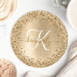 Faux Gold Brushed Metal Glitter Print Monogram Nam Round Paper Coaster<br><div class="desc">Easily personalize this trendy chic paper coaster design featuring pretty gold sparkling glitter on a gold brushed metallic background.</div>