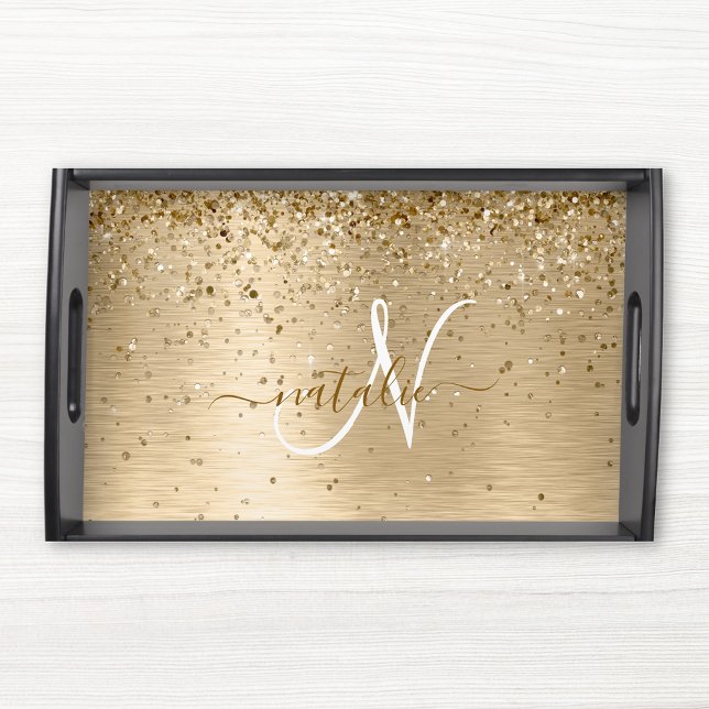 Faux Gold Brushed Metal Glitter Print Monogram Nam Serving Tray (Creator Uploaded)