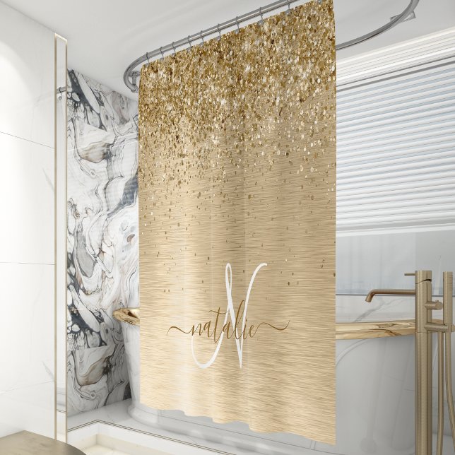 Faux Gold Brushed Metal Glitter Print Monogram Nam Shower Curtain (Creator Uploaded)