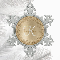 Faux Gold Brushed Metal Glitter Print Monogram Nam Snowflake Pewter Christmas Ornament at Zazzle