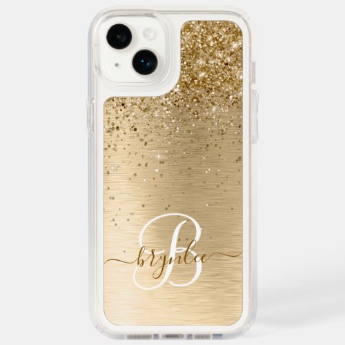Faux Gold Brushed Metal Glitter Print Monogram Nam Speck iPhone 14 Plus Case