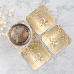 Faux Gold Brushed Metal Glitter Print Monogram Nam Square Paper Coaster<br><div class="desc">Easily personalize this trendy chic paper coaster design featuring pretty gold sparkling glitter on a gold brushed metallic background.</div>
