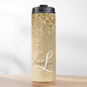 Faux Gold Brushed Metal Glitter Print Monogram Nam Thermal Tumbler