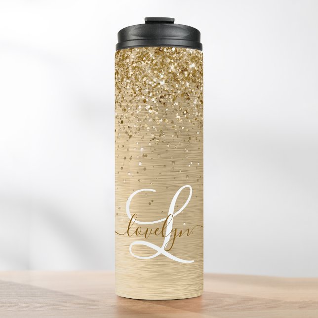 Faux Gold Brushed Metal Glitter Print Monogram Nam Thermal Tumbler (Creator Uploaded)