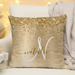 Faux Gold Brushed Metal Glitter Print Monogram Nam Throw Pillow<br><div class="desc">Easily personalize this trendy chic throw pillow design featuring pretty gold sparkling glitter on a gold brushed metallic background.</div>