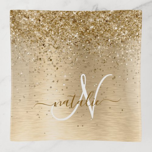 Faux Gold Brushed Metal Glitter Print Monogram Nam Trinket Tray