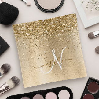 Faux Gold Brushed Metal Glitter Print Monogram Nam Trinket Tray