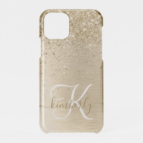 Faux Gold Brushed Metal Glitter Print Monogram Nam iPhone 11 Pro Case