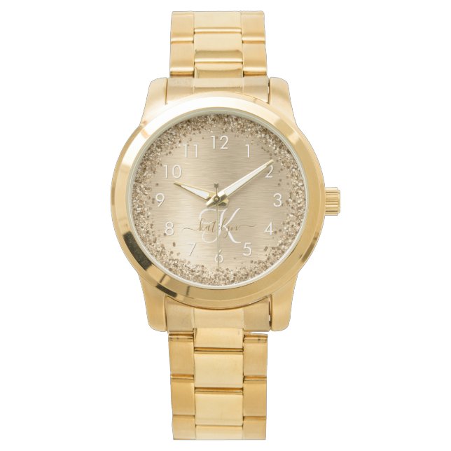 Faux Gold Brushed Metal Glitter Print Monogram Nam Watch (Front)