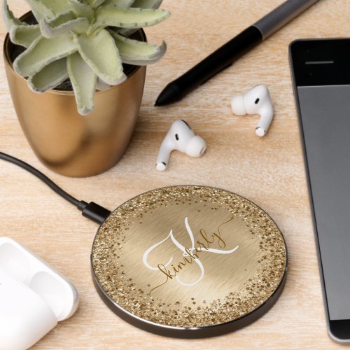 Faux Gold Brushed Metal Glitter Print Monogram Nam Wireless Charger