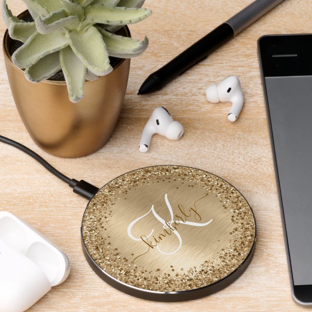 Faux Gold Brushed Metal Glitter Print Monogram Nam Wireless Charger (Desk 2)