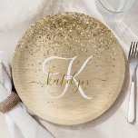 Faux Gold Brushed Metal Glitter Print Monogram Paper Plates<br><div class="desc">Easily personalize this trendy chic paper plate design featuring pretty gold sparkling glitter on a gold brushed metallic background.</div>