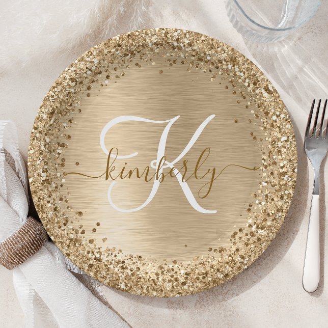 Faux Gold Brushed Metal Glitter Print Monogram Paper Plates (Creator Uploaded)