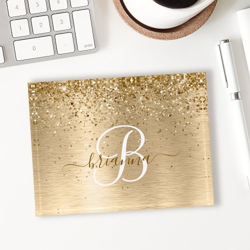 Faux Gold Brushed Metal Glitter Print Monogram Paperweight
