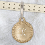 Faux Gold Brushed Metal Glitter Print Monogram Pet ID Tag<br><div class="desc">Easily personalize this trendy chic pet ID tag design featuring pretty gold sparkling glitter on a gold brushed metallic background.</div>