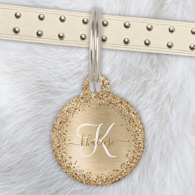 Faux Gold Brushed Metal Glitter Print Monogram Pet ID Tag (Creator Uploaded)