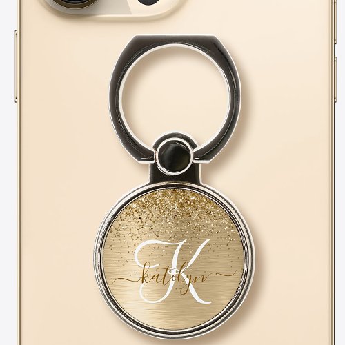 Faux Gold Brushed Metal Glitter Print Monogram Phone Ring Stand