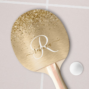 Faux Gold Brushed Metal Glitter Print Monogram Ping Pong Paddle
