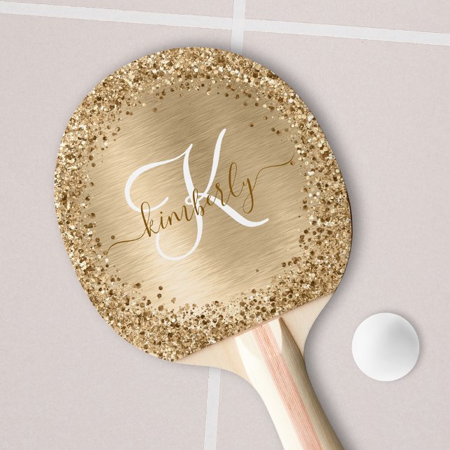 Faux Gold Brushed Metal Glitter Print Monogram Ping Pong Paddle (Creator Uploaded)