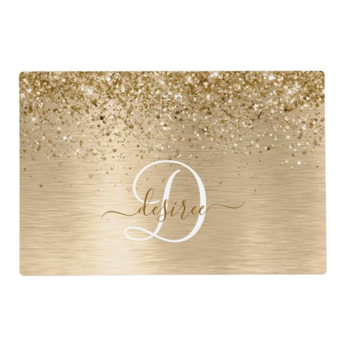 Faux Gold Brushed Metal Glitter Print Monogram Placemat