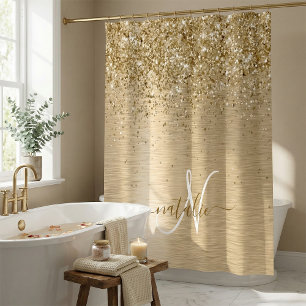 Faux Gold Brushed Metal Glitter Print Monogram Shower Curtain