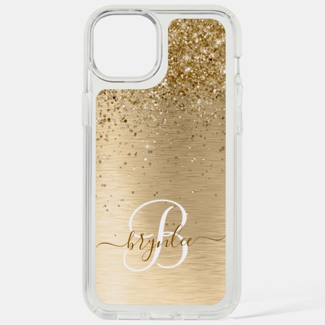 Faux Gold Brushed Metal Glitter Print Monogram Speck iPhone Case (Front)