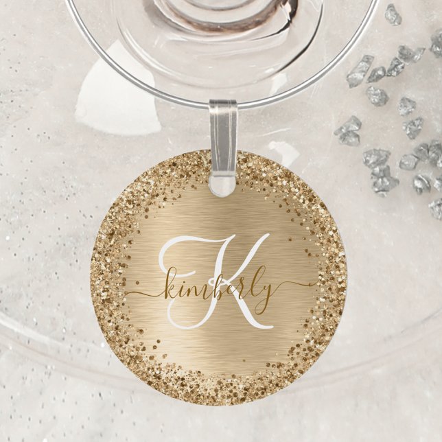 Faux Gold Brushed Metal Glitter Print Monogram Wine Charm (Creator Uploaded)
