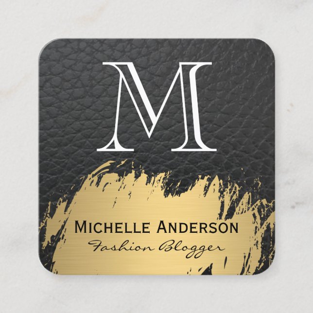 Faux Gold Brushed Monogram Leather Square Business Card (Front)