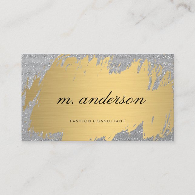 Faux Gold Brushed White Gray | Shimmer Glitter Business Card (Front)