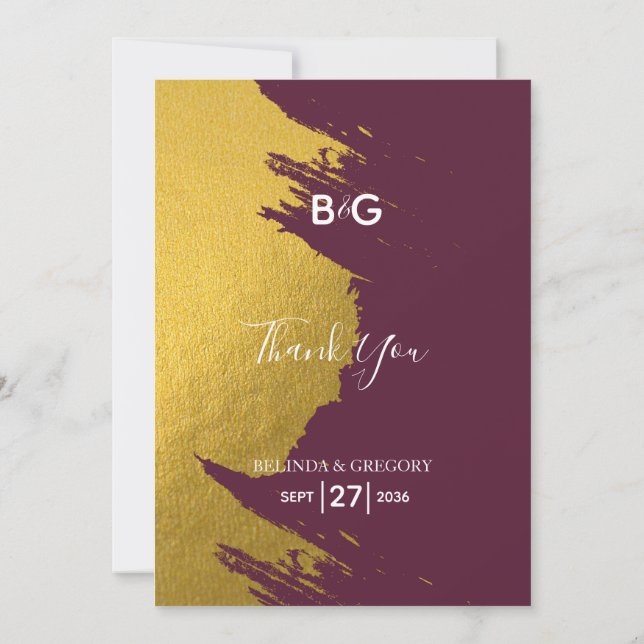 Faux Gold Brushstrokes Burgundy, Monogram Wedding Thank You Card (Back)