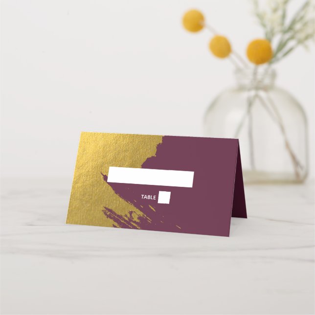 Faux Gold Brushstrokes & Burgundy Wedding Place Card (Front)
