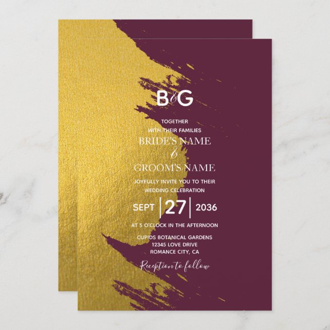 Faux Gold Brushstrokes & Burgundy with Monogram Invitation (Front/Back)