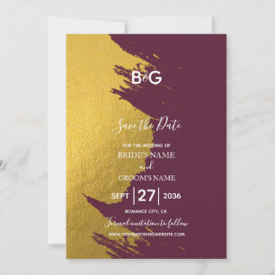 Faux Gold Brushstrokes & Burgundy with Monogram Save The Date