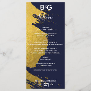 Faux Gold Brushstrokes Navy Blue Monogram Wedding Menu