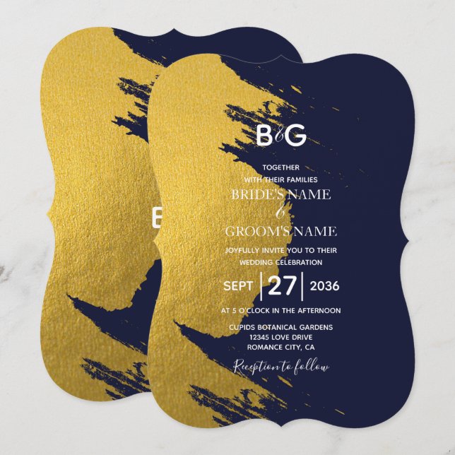 Faux Gold Brushstrokes & Navy Blue with Monogram I Invitation (Front/Back)