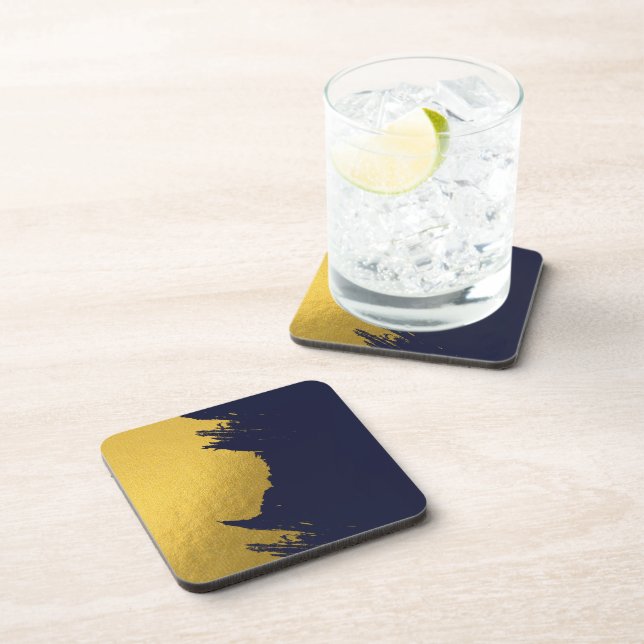 Faux Gold Brushstrokes with Navy Blue Background Beverage Coaster (Right Side)