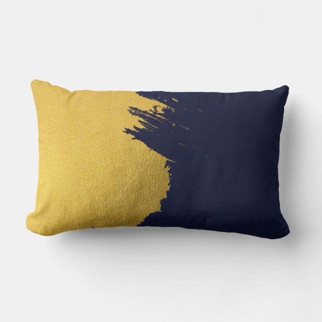 Faux Gold Brushstrokes with Navy Blue Background Lumbar Pillow (Front)