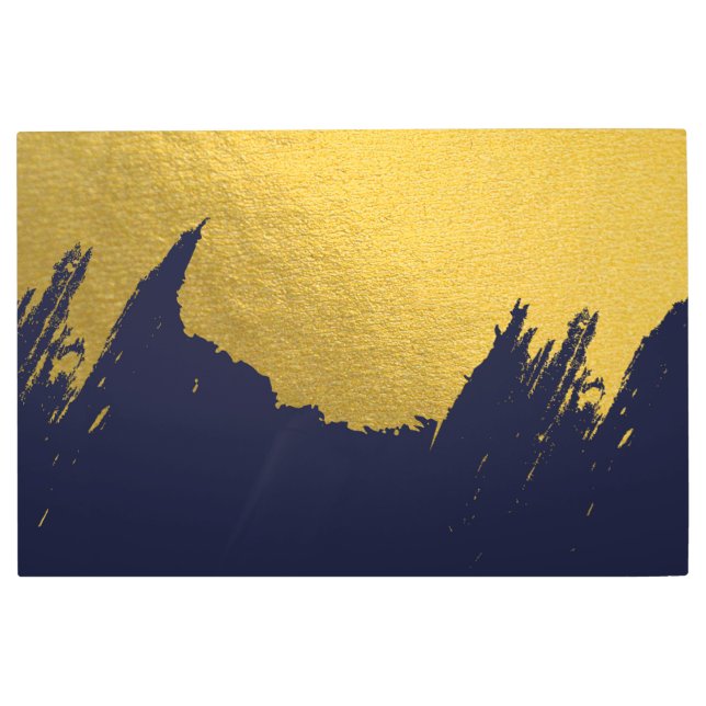 Faux Gold Brushstrokes with Navy Blue Background Metal Print (Front)