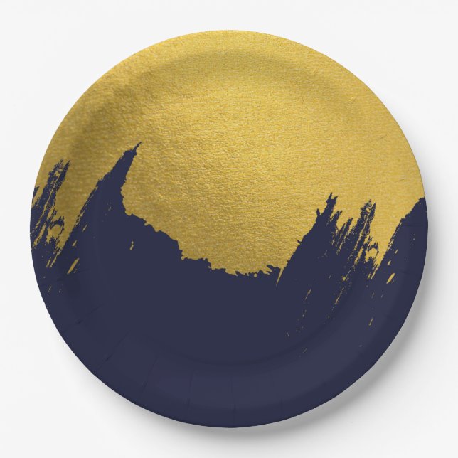 Faux Gold Brushstrokes with Navy Blue Background Paper Plates (Front)