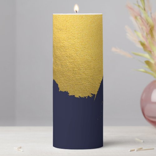 Faux Gold Brushstrokes with Navy Blue Background Pillar Candle