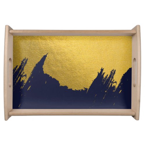 Faux Gold Brushstrokes with Navy Blue Background Serving Tray