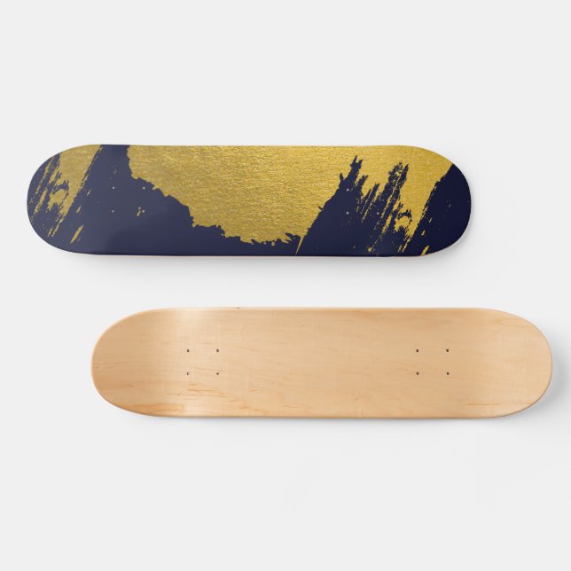 Faux Gold Brushstrokes with Navy Blue Background Skateboard (Horz)