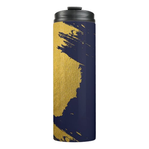 Faux Gold Brushstrokes with Navy Blue Background Thermal Tumbler