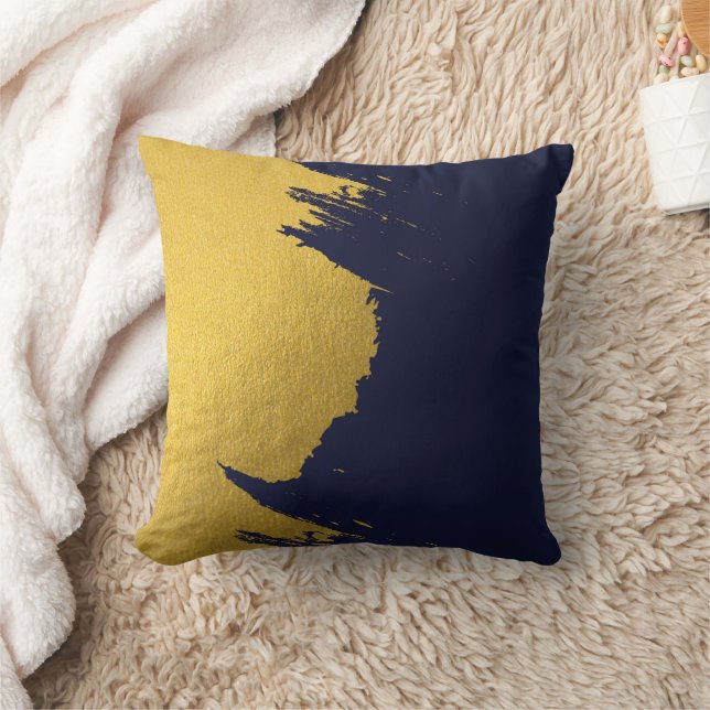 Faux Gold Brushstrokes with Navy Blue Background Throw Pillow (Blanket)