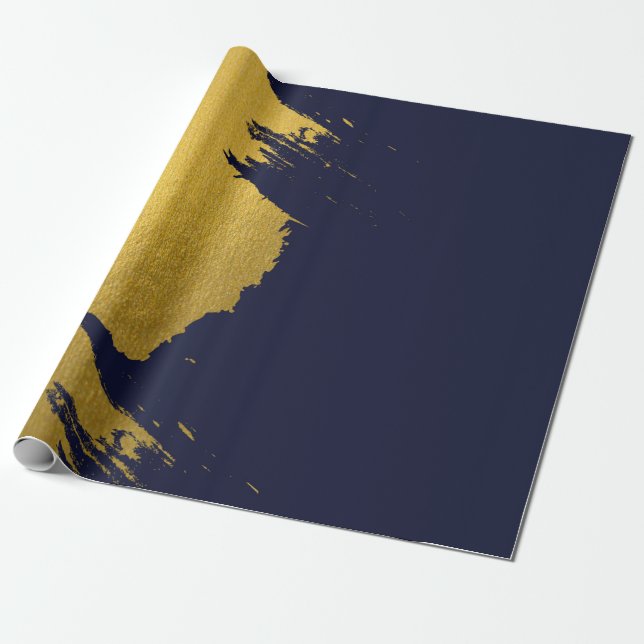 Faux Gold Brushstrokes with Navy Blue Background Wrapping Paper (Unrolled)