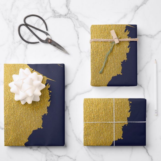 Faux Gold Brushstrokes with Navy Blue Background Wrapping Paper Sheets (Front)