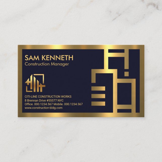 Faux Gold Building Silhouette Border Construction Business Card (Front)