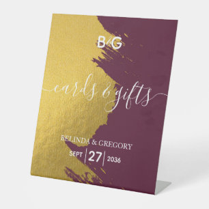 Faux Gold Burgundy, Monogram Wedding Cards & Gifts Pedestal Sign