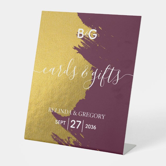 Faux Gold Burgundy, Monogram Wedding Cards & Gifts Pedestal Sign (Front)
