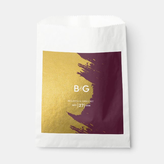 Faux Gold Burgundy, Monogram Wedding  Favor Bag (Front)